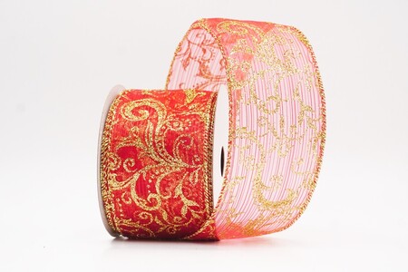 Red/Gold Glitter Filigree Scroll Sheer Ribbon_KW0453G-7G